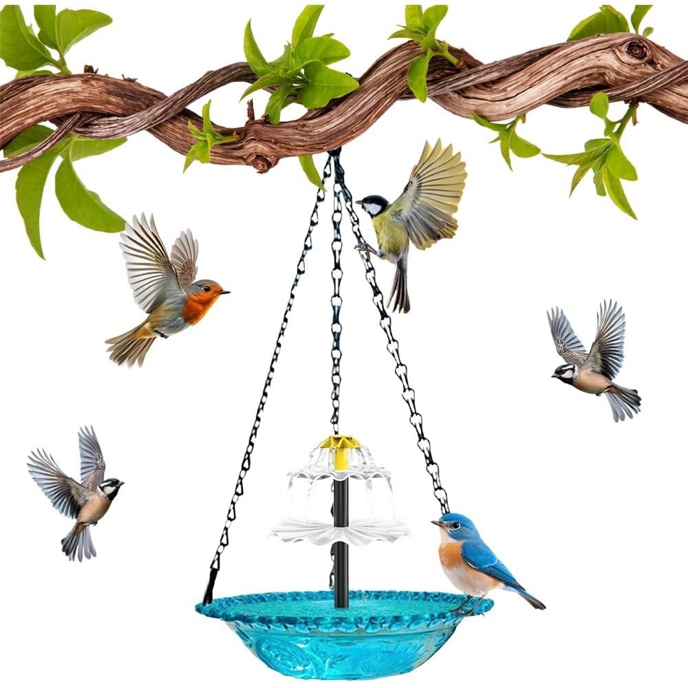 Solar Waterfall Hanging Bird Bath Fountain, Outdoor Bird Bath with Solar Pump and Glass Bowl