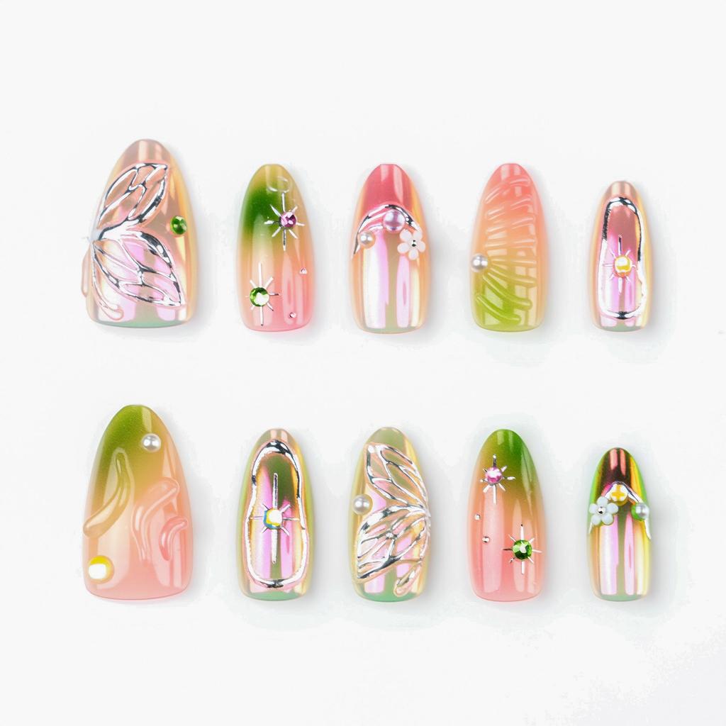 30-teilige Luxus-Lila-Aurora-Mandelnägel: 3D Schmetterlingsblumen und Diamantmalerei