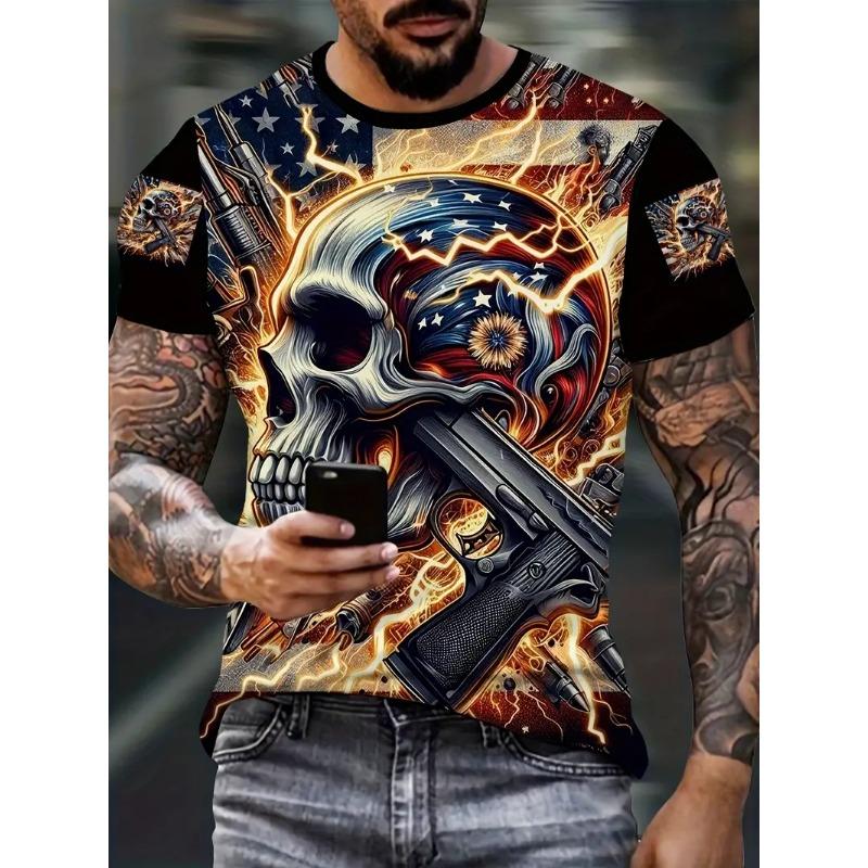 Summer Outdoor Men's T-shirt Casual Round Neck Short Sleeve Skull Pattern Printed T-shirt Fashion Male Oversized Clothing
