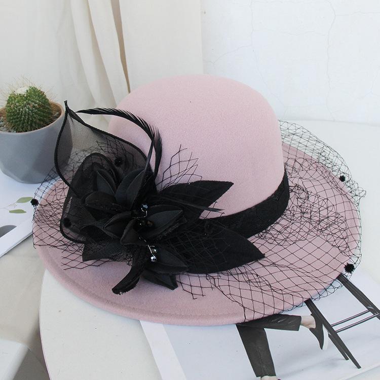 Autumn And Winter Hepburn Big-Brimmed Woolen Hat British Retro Felt Hat Mysterious Mesh Flower Banquet Top Hat
