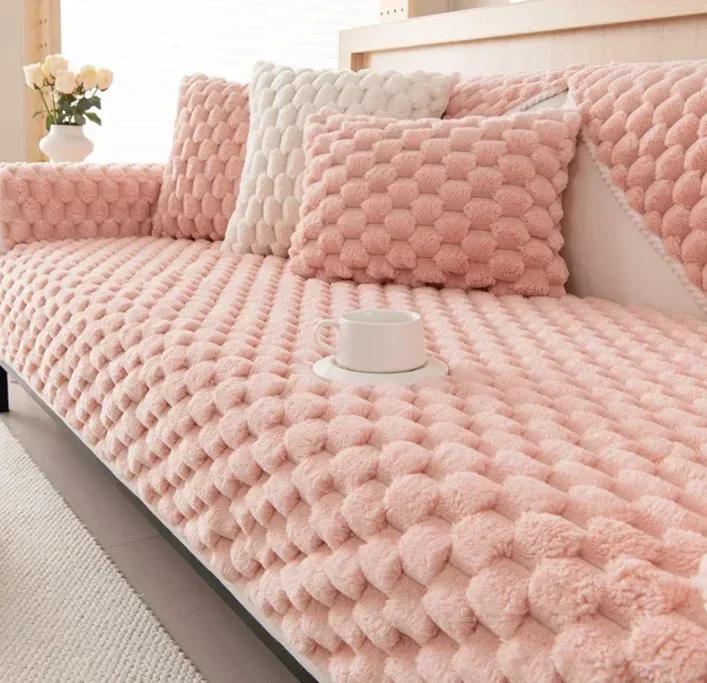 

Розовый сотовый диван-полотенце в форме сот, зимний плюшевый L-образный угловой универсальный чехол для дивана, мягкая нескользящая подушка для дивана, коврик для гостиной 110*160cm розовый
