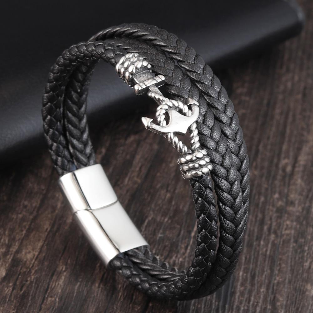 2019Fashion Stainless Steel Anchor Bracelet Men Black Braided Cowhide Leather Rope Bracelets Wrap Punk Charm Jewelry