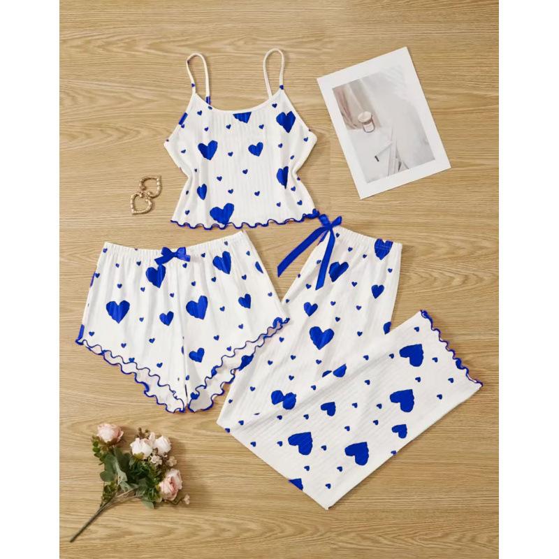 

Homewear set, sweet suspenders, three-piece set, European and American summer pit strips, love printed short trousers, pajamas for women XXL