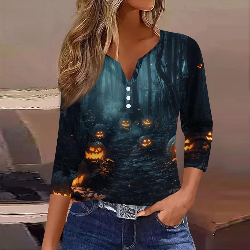 Damen Lässige Mode V-Ausschnitt Locker Vielseitig Halloween-Print Dreiviertelarm Oberteil