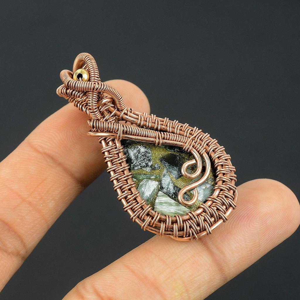 Copper Seraphinite Pendant, 999 Copper Wire Wrapped Gemstone Jewelry, Handmade Pendant, For Thanksgiving