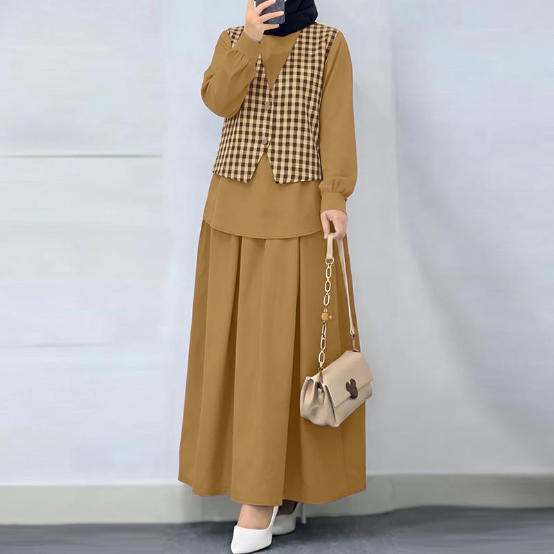 ZANZEA Women Long Sleeve Plaid Patchwork Blouse and Long Skirts Casual Two Piece Suit Sets S
