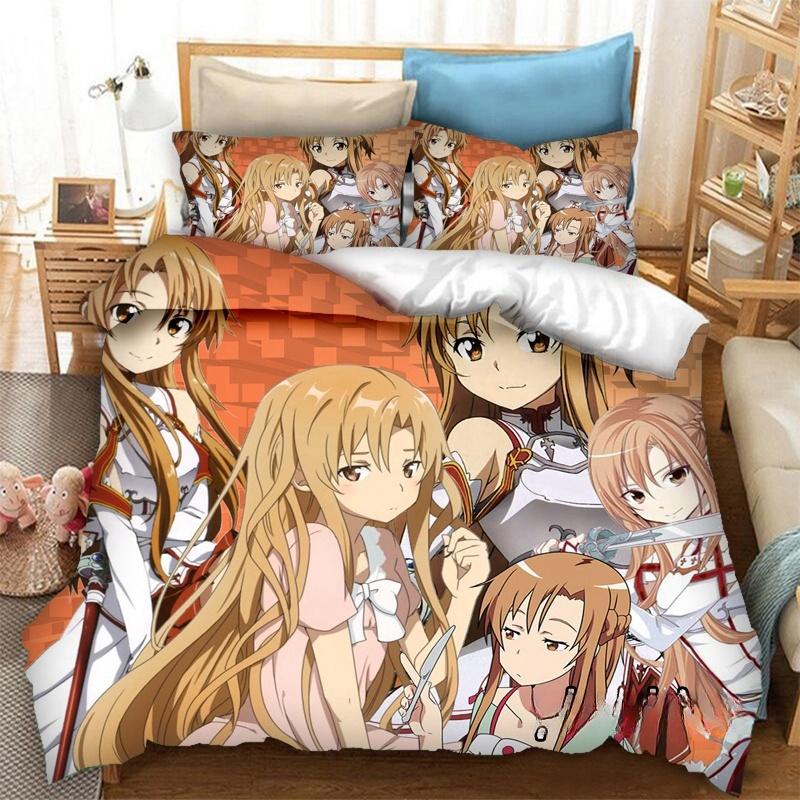 Anime SAO Yuuki Asuna Bedding Set,Duvet Cover Comforter Bed Set Quilt Cover Pillowcase,King Queen Twin Size Boys Girls Adults
