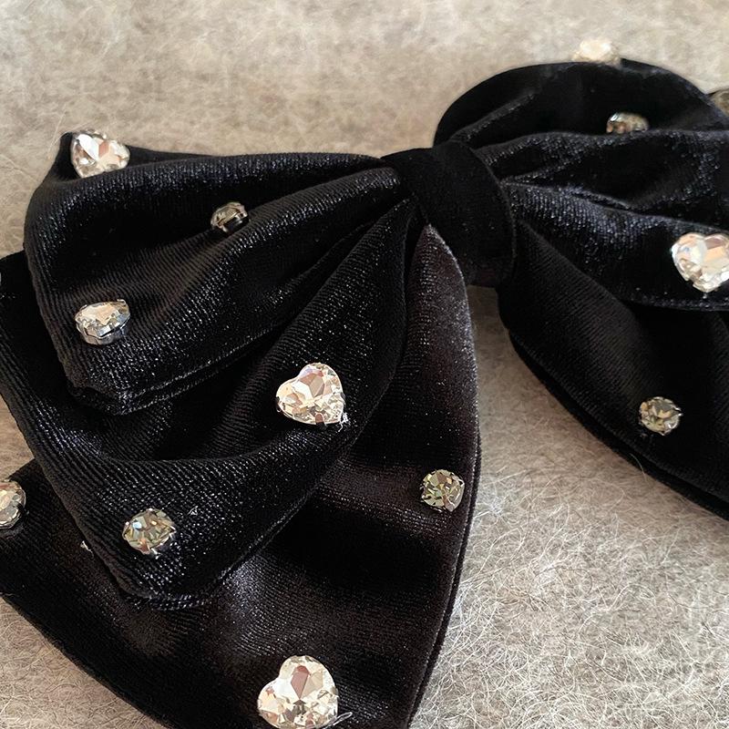 French Velvet Heart Rhinestone Bow Hair Clip - Retro Style for Fall/Winter Updos