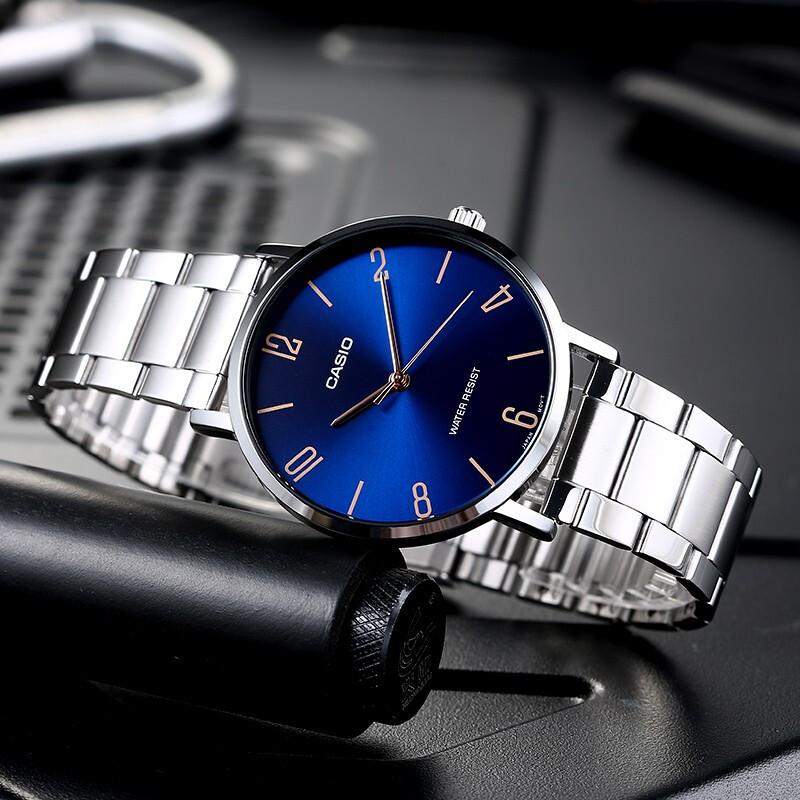 Casio CASIOSTANDARD Series Classic Simple Exquisite Fashion Blue Waterproof Quartz Movement Stainless Steel Strap Japanese and Korean MTP-VT01D-2B2