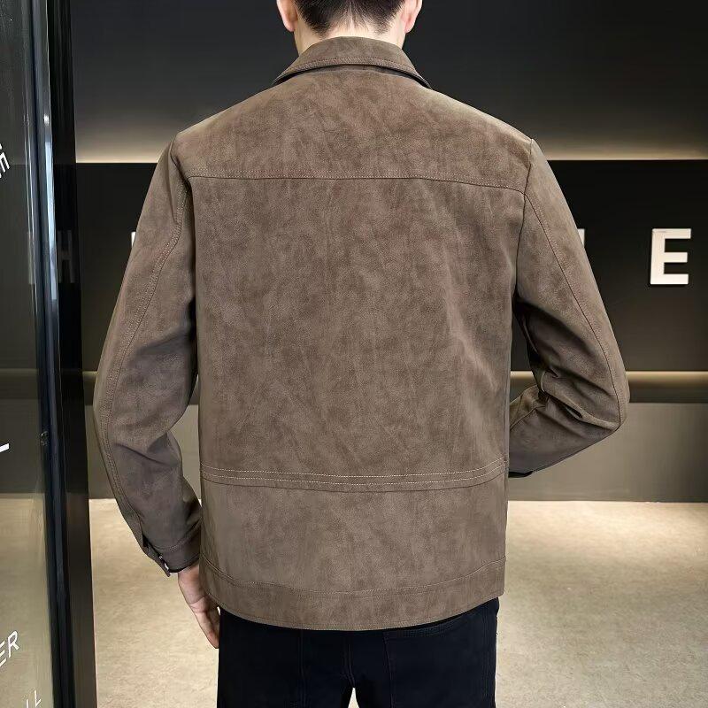 2024 Men's Suede Punk Jacket with Turn-Down Collar - Spring/Autumn Trendy High-End Coat