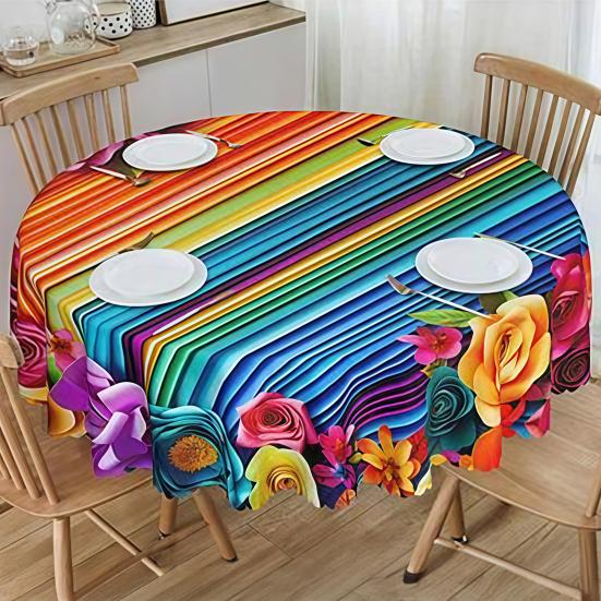 Mexikanische Blumige Tischdecke Runde Tischabdeckung mit Zackensaum Buntes Blumen-Volkskunst-Muster Tischdecke für Zuhause Bauernhaus Esstisch