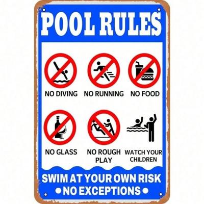Vintage Pool Rules Metal Wall Sign, Patio Decor