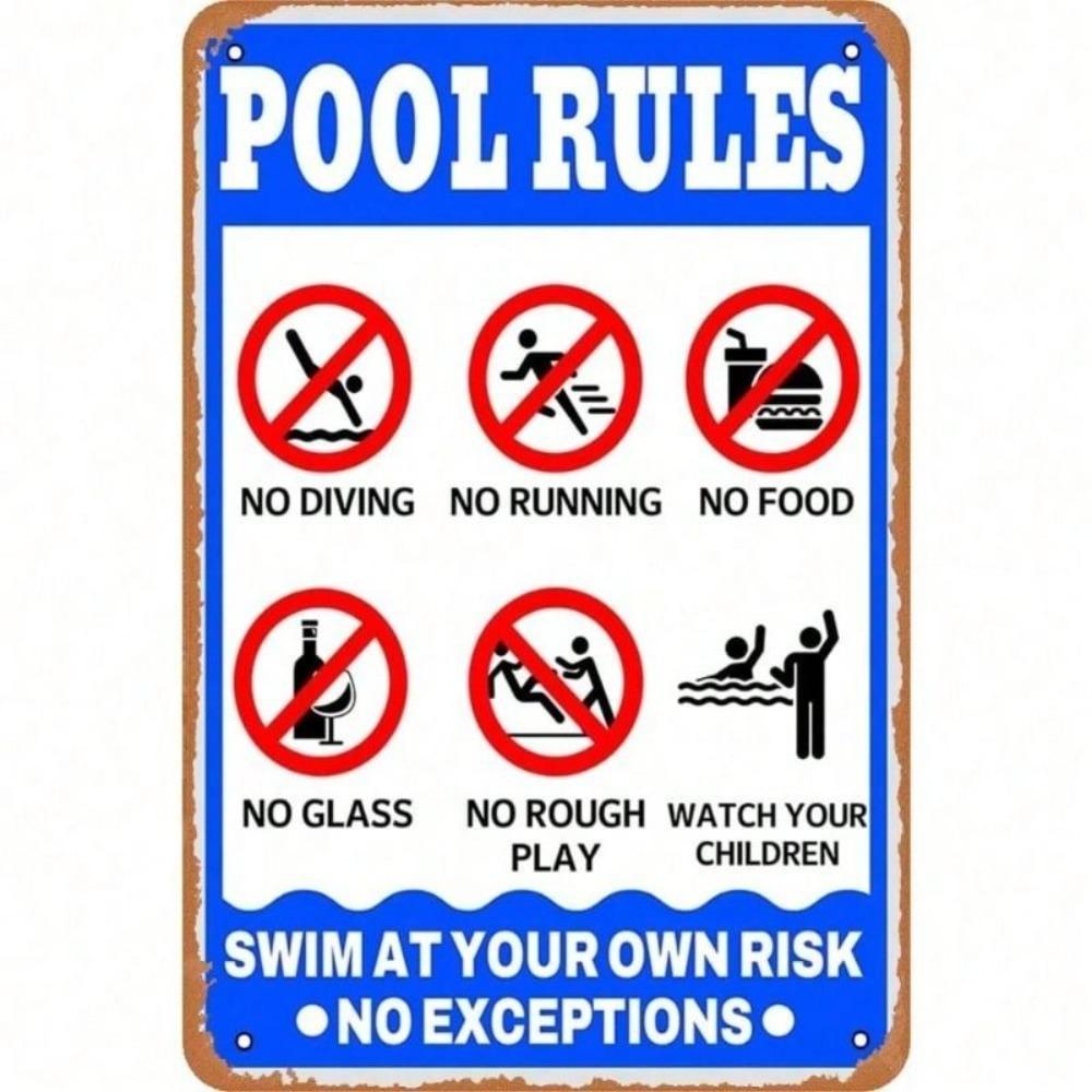 Vintage Pool Rules Metal Wall Sign, Patio Decor