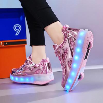 Damen 2-Rad Rollschuhe Trend Mädchenschuhe mit LED Einziehbar Kind Dual-Purpose Freizeit-Sneakers mit Rollen
