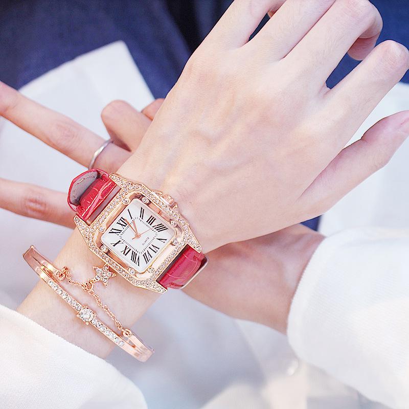 Women's Trendy Square Dial Quartz Watch with Leather Strap & Star Bangle