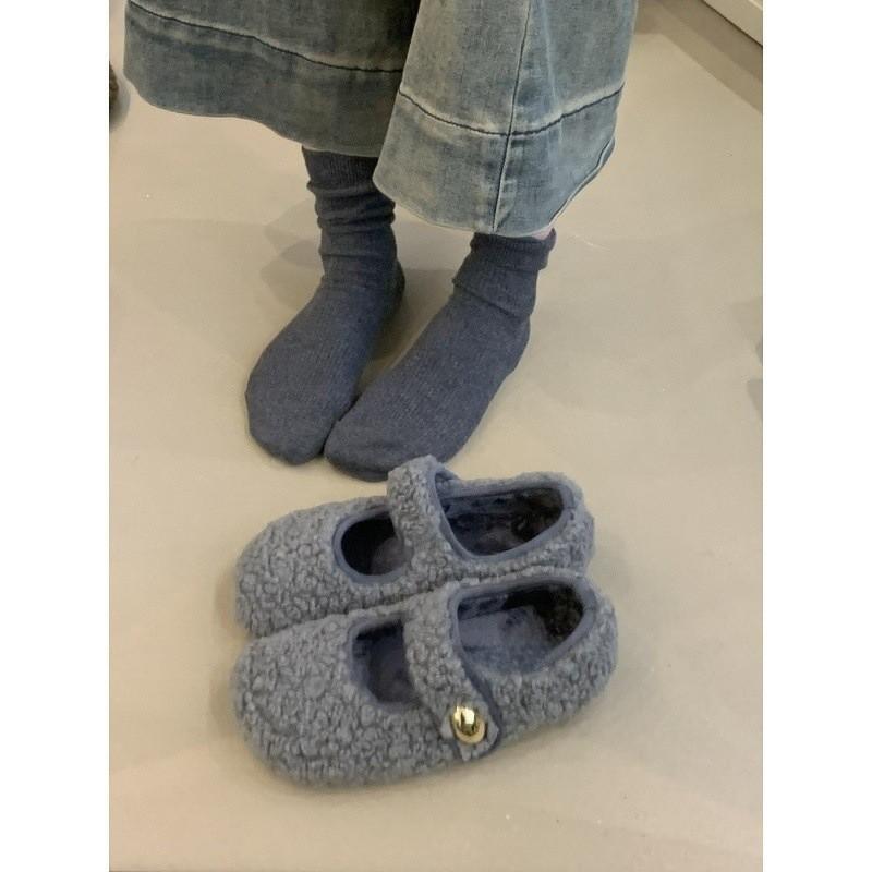 Gentle fairy wind fluffy shoes female wear winter velvet warm Velcro one foot cotton shoes 35