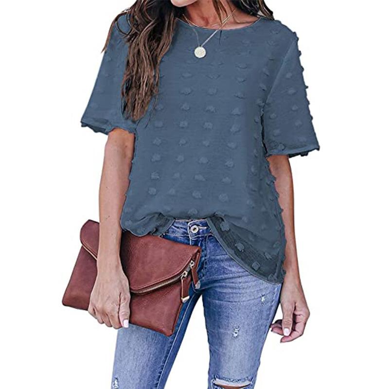 Women's New Summer Style Women's Chiffon Jacquard Fur Ball Double Layer Short-sleeved Fashion Top