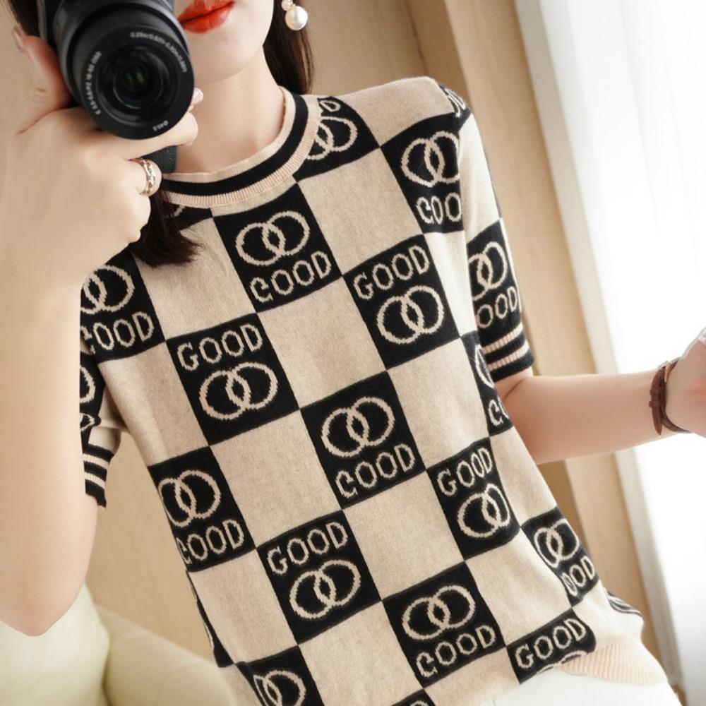 Summer New Knitted Short-Sleeved Women's Round Neck Color Matching Printed T-Shirt Loose Plus Size Half Sleeve Top