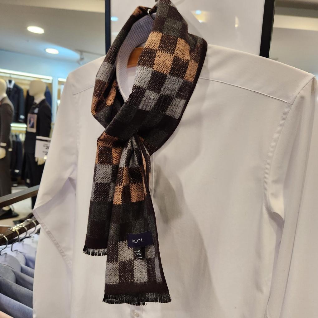 Men's Winter Fitted Brown Beige Gray Brown Mixed Square Check Petite Slim Muffler VM1M4BS110I0