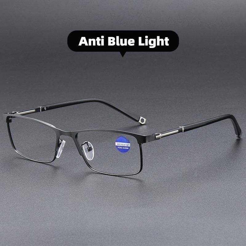 Gleitsichtbrille mit phototroper Optik, elegante Businessbrille mit quadratischem Metallrahmen und Blaulichtfilter