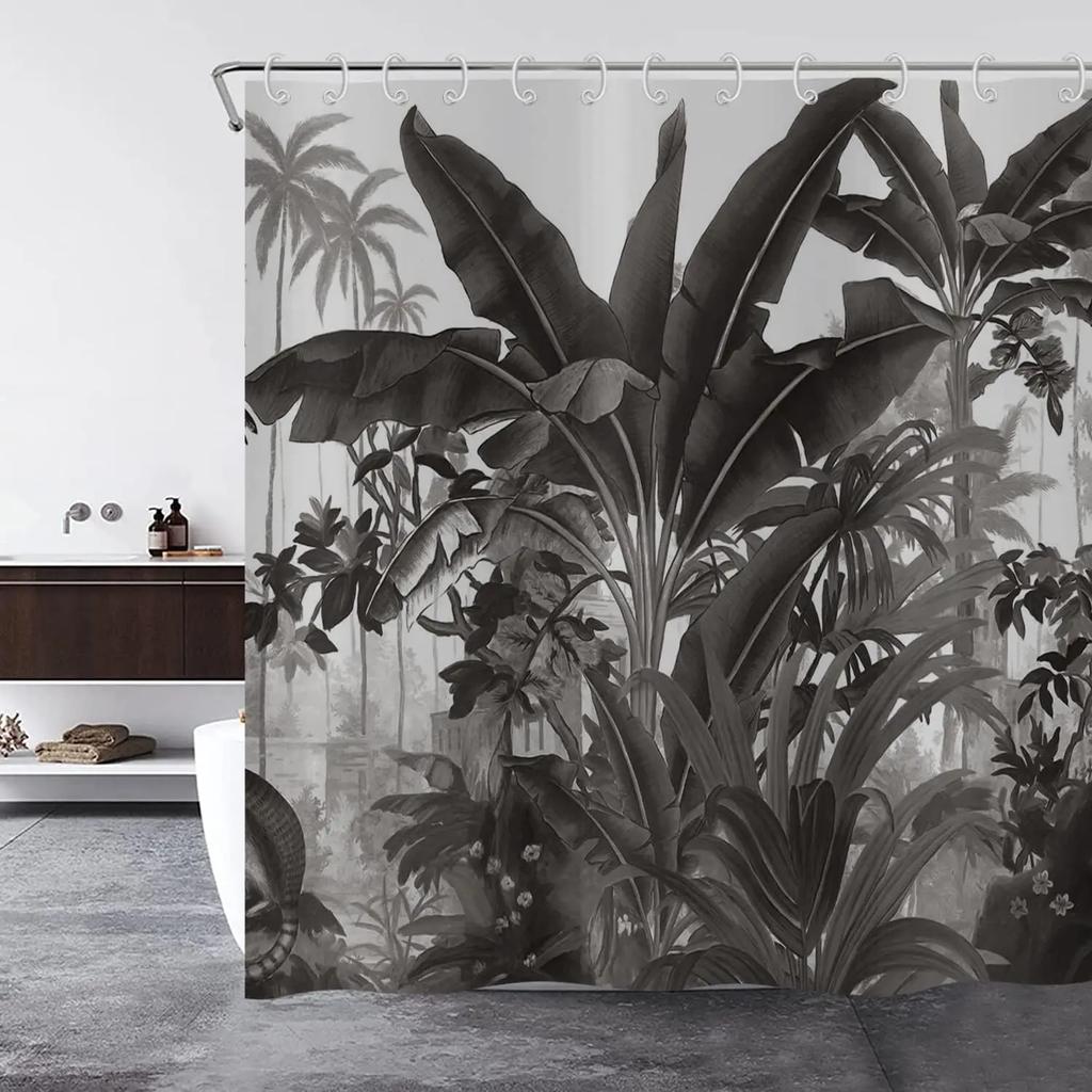 Black tropical plant leaf shower curtain, washable waterproof shower curtain textile with