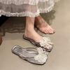 2025 summer new sweet transparent slippers women's outerwear bow open-toe hollow crystal fashion flip-flops