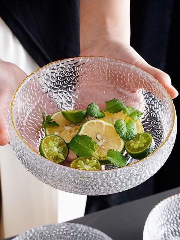 Japanese Style Gold Rim Hammered Glass Salad Bowl