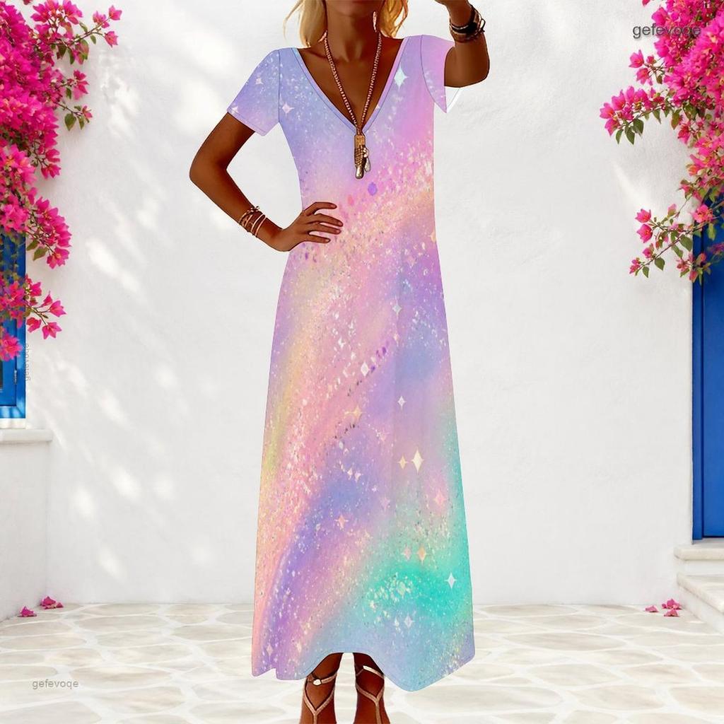 Women Plus Size V Neck Short Sleeve Black Dots Printed Long Dress