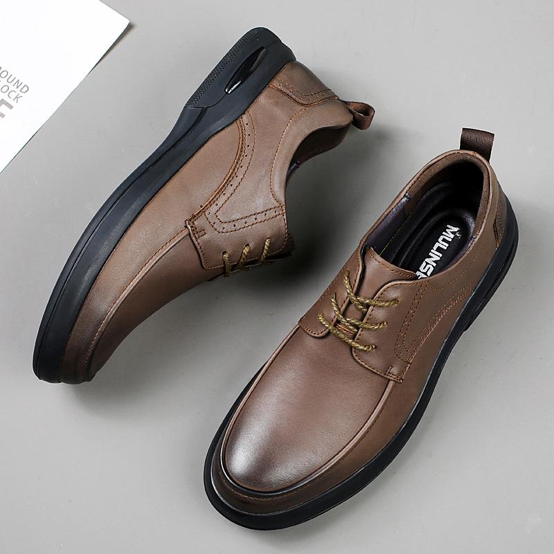 2024 New Men Business Casual Shoes Genuine Leather Soft-Soled Non-Slip Lace-Up Loafers Breathable All-Match Footwear Dress Shoes