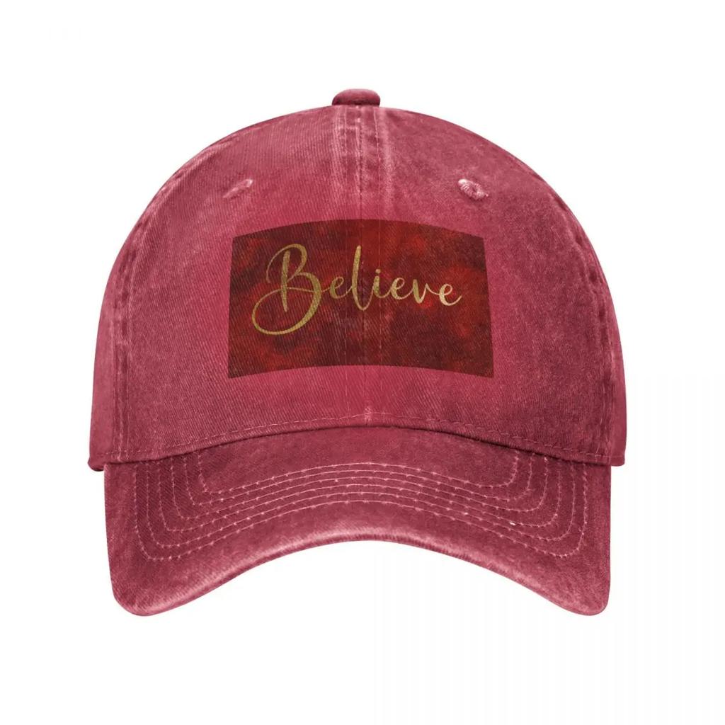 Believe Word Art In Gold Color Script Typography On Red Burgundy Background Baseball Cap Beach Anime Girl Unisexs