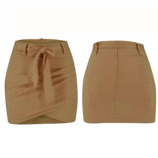 Women Solid Color Slim High Waist Bandage Belt Asymmetric Bodycon Mini Skirt