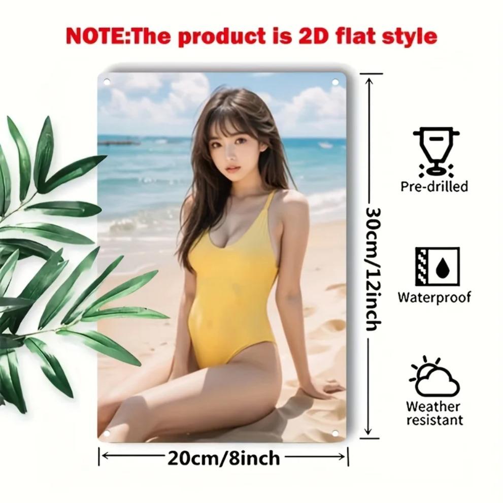 Vintage Metallwandkunstschild - Küstenstranddeko mit gelber Badeanzug-Frau, Langlebige Eisen-Café-Bar-Plakette