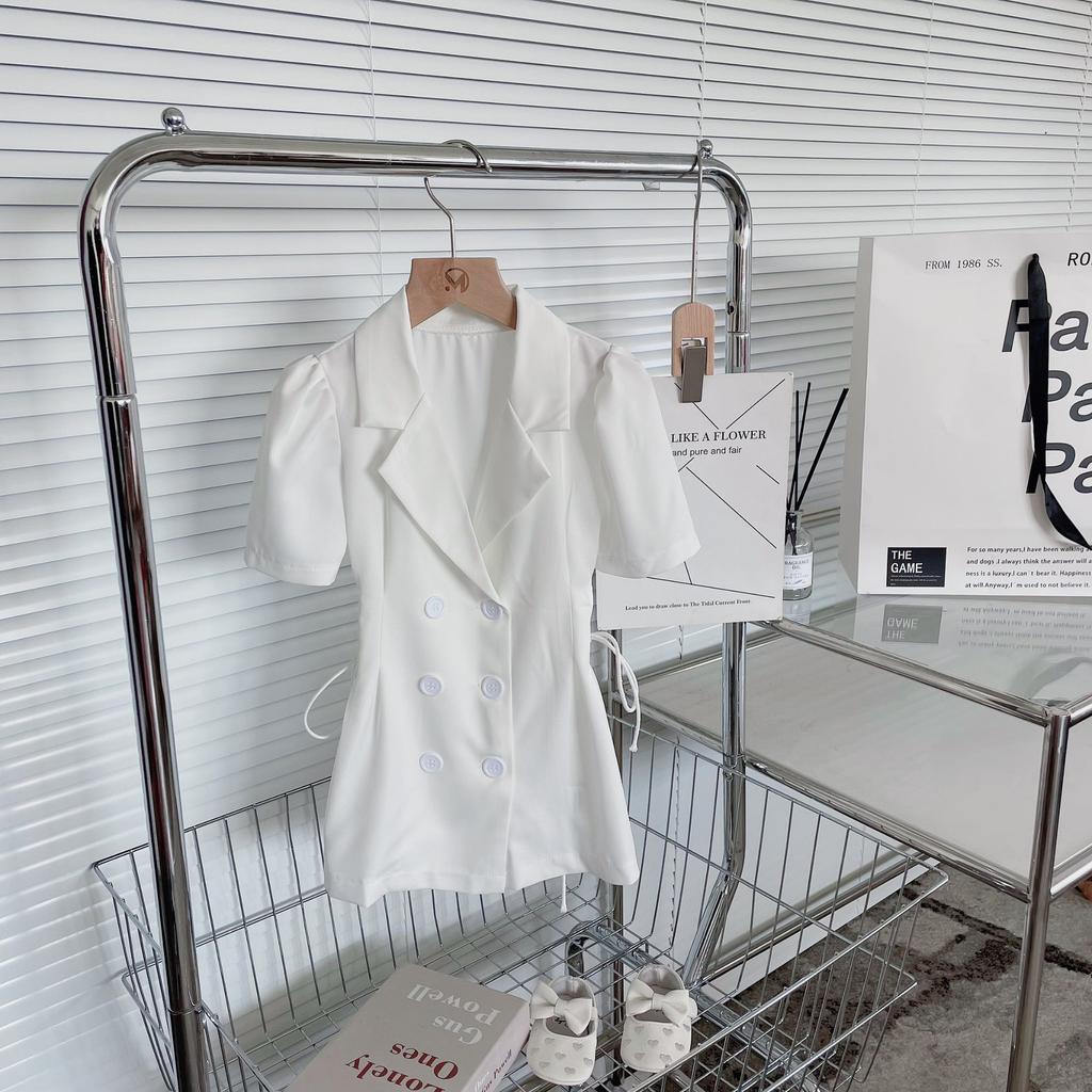 Kids White Short Sleeve Blazer Dress, Lapel V Neck Double Breasted Side Lace-Up Waist Slim Mini Suit Dress for Girls
