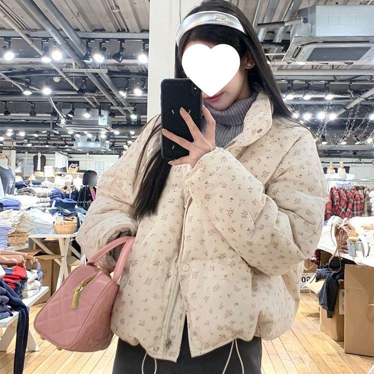 2024 Petite Women's Floral Stand Collar Short Winter Down Jacket