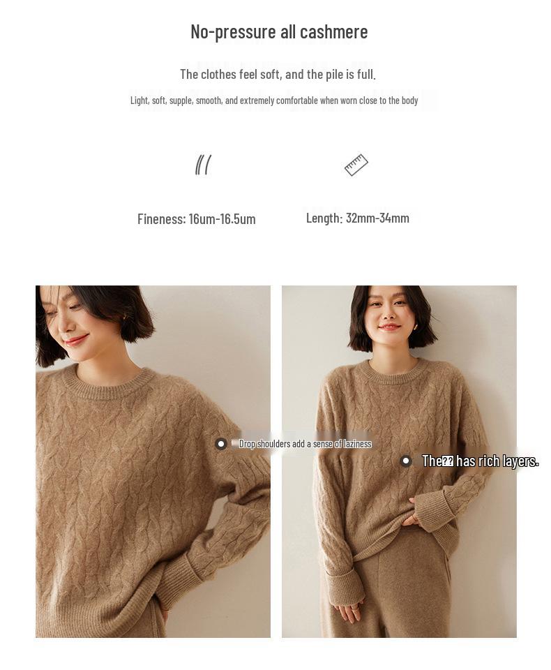 Women's 100% Pure Cashmere Cable Knit Loose Pullover Sweater - Autumn/Winter Luxury Fashion