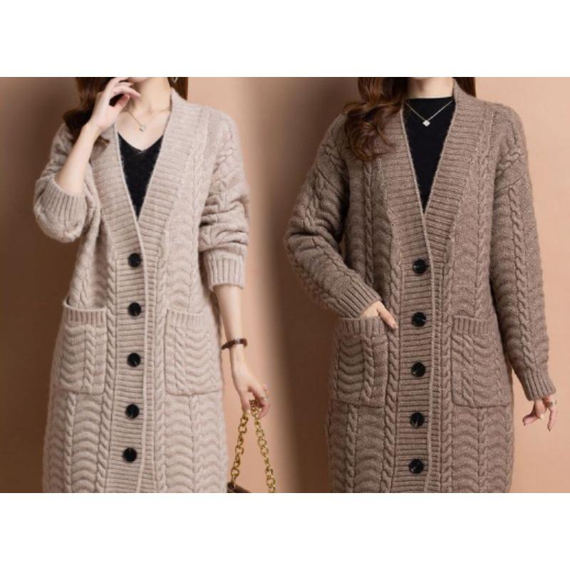 Herbst V-Ausschnitt Langer Strickjacken Pullover Jacke Damen Strickwaren Damen Langarm Lässig Lockerer Pullover Mantel