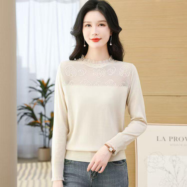 Damen Merino-Wolle Basisschicht mit Spitze und Lochmuster - Altersreduzierender Rundhals-Pullover für Herbst/Winter