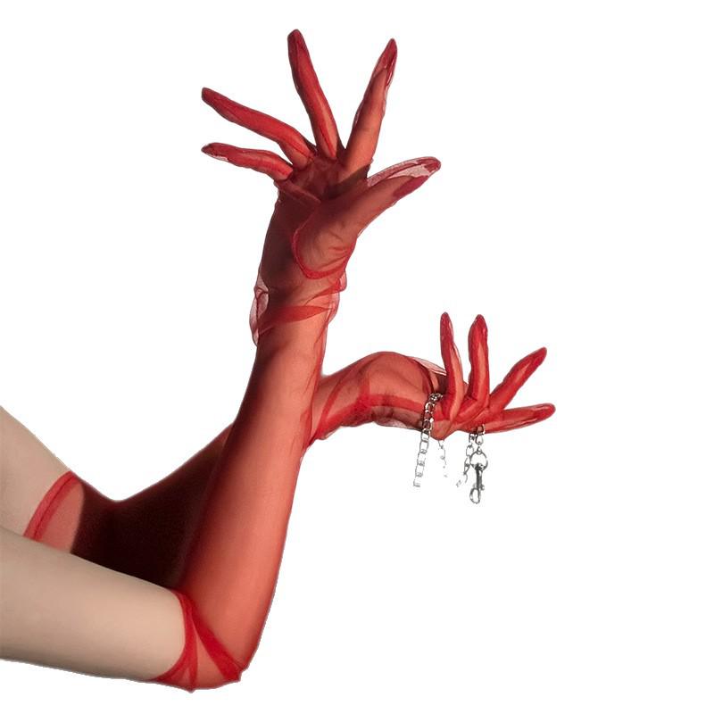 Eleganta Vinröda Skira Nätgarnshandskar för Kvinnor - Långa, Sexiga, Bröllopsärmar