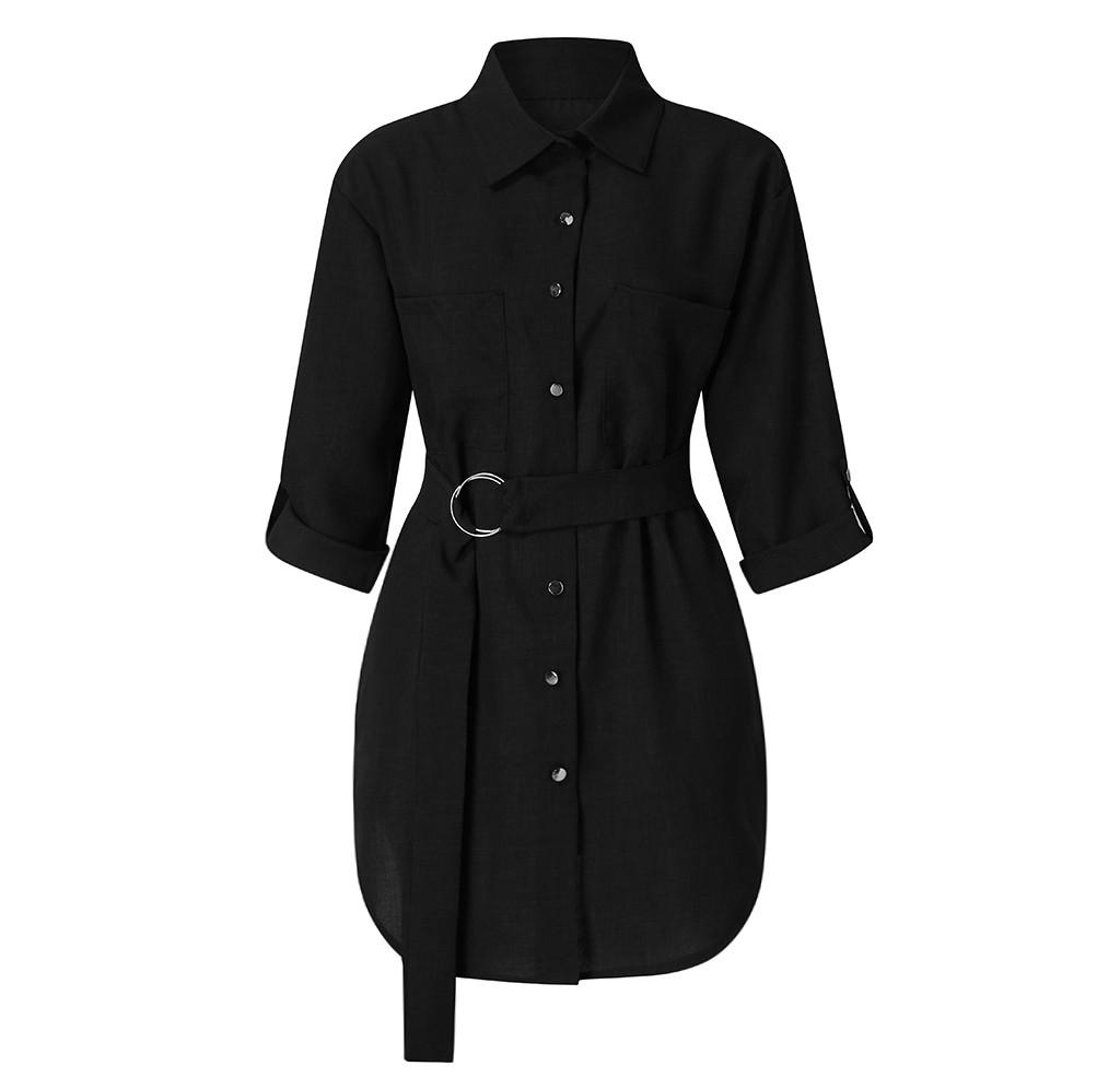 Women Autum Long Sleeve  Dress OL Belt Casual Work Plain Shirt Blouse Tops