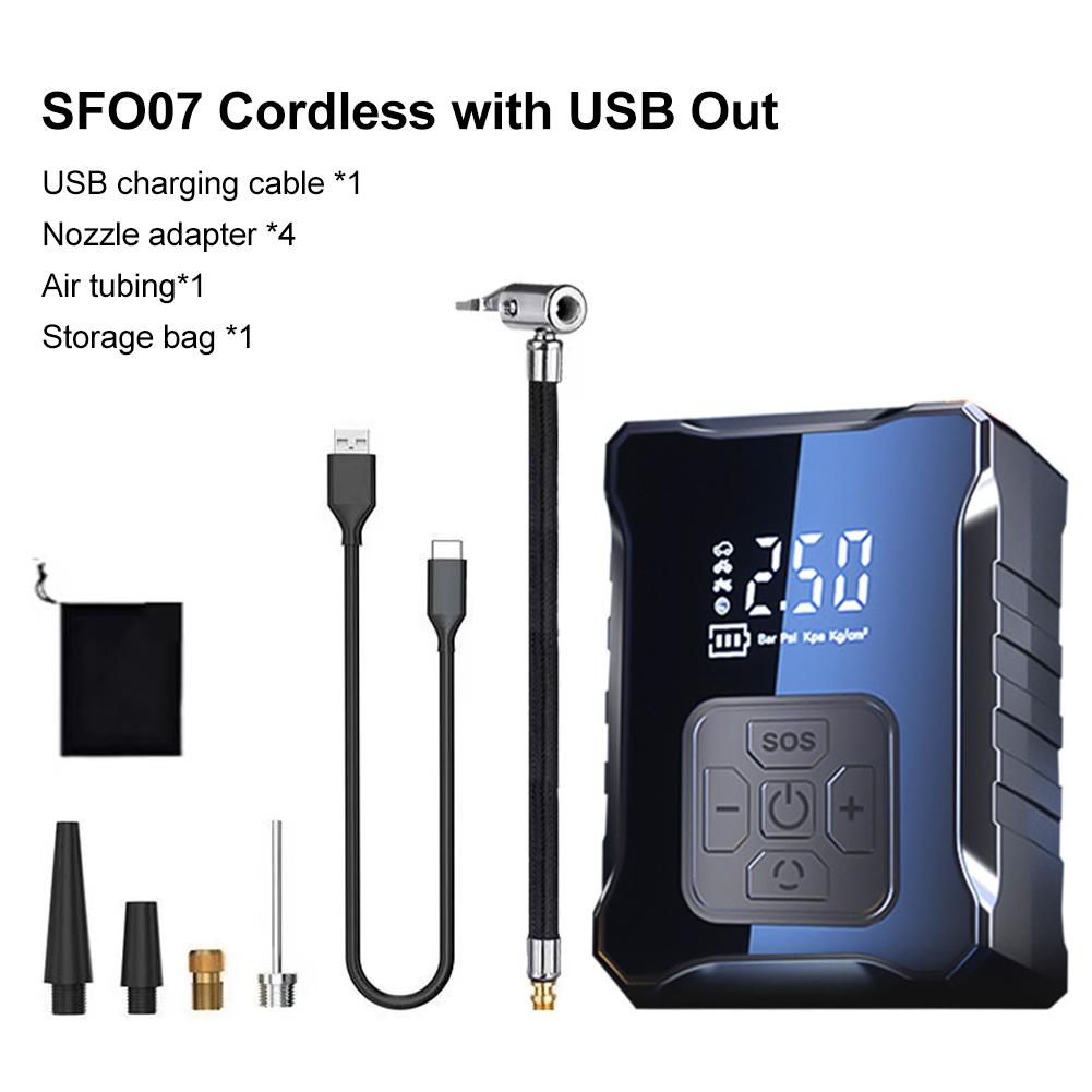 

Cordless Car Tire Inflator Air Compressor Pump 80W Portable Cordless Inflator with LED USB Out For Car Bicycle Motorcycle Ball