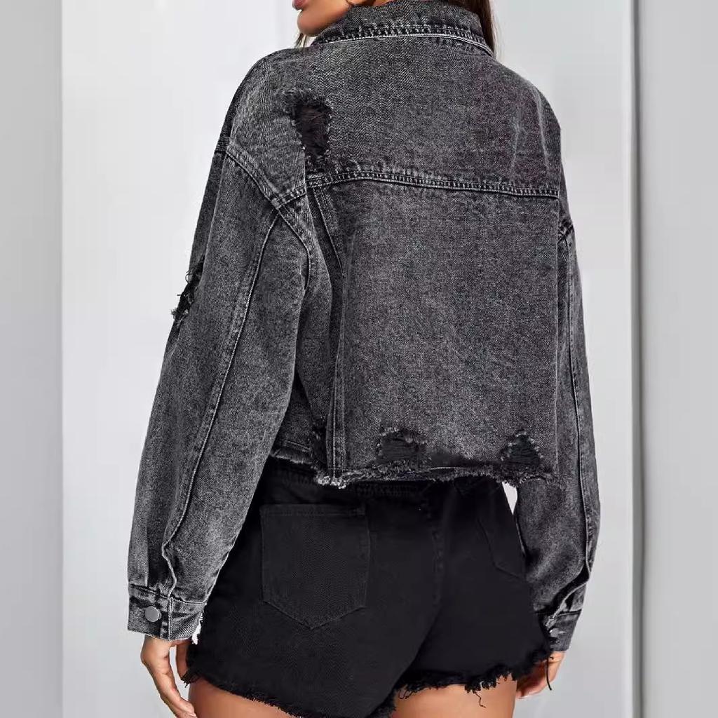 Women's Denim Jacket Autumn Fashion Raw Edge Ripped Denim Short Jacket