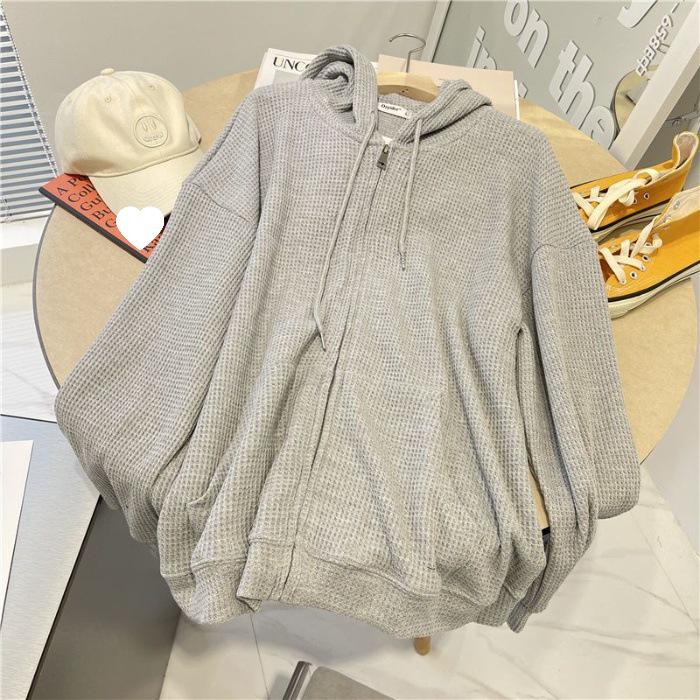 Women s Waffle Knit Zipper Cardigan Hoodie - Trendy, Loose-Fit Autumn/Winter Outerwear L [100-120 kg] серый
