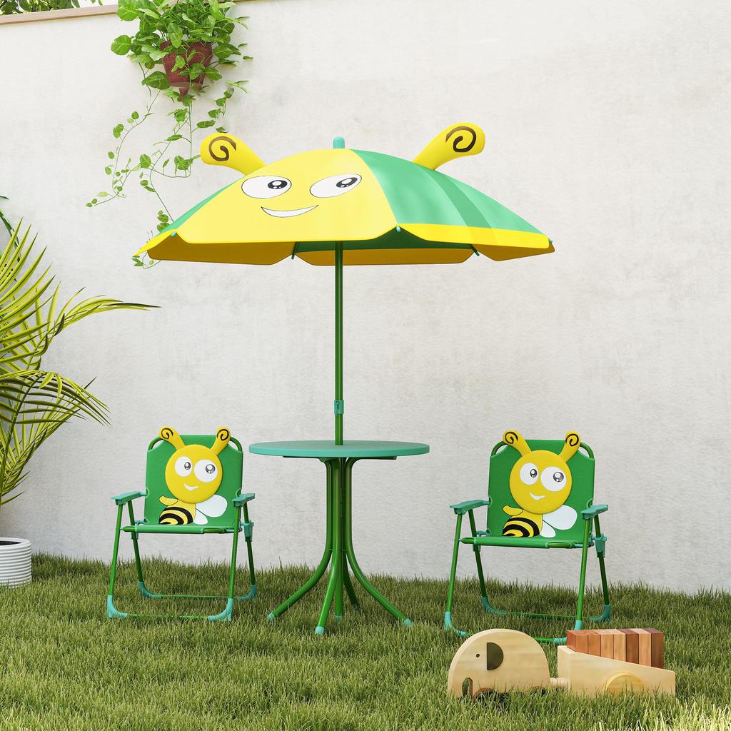 Garden Furniture Set for Children, Chairs, Table, Parasol, Bee Design, Green+Yellow
