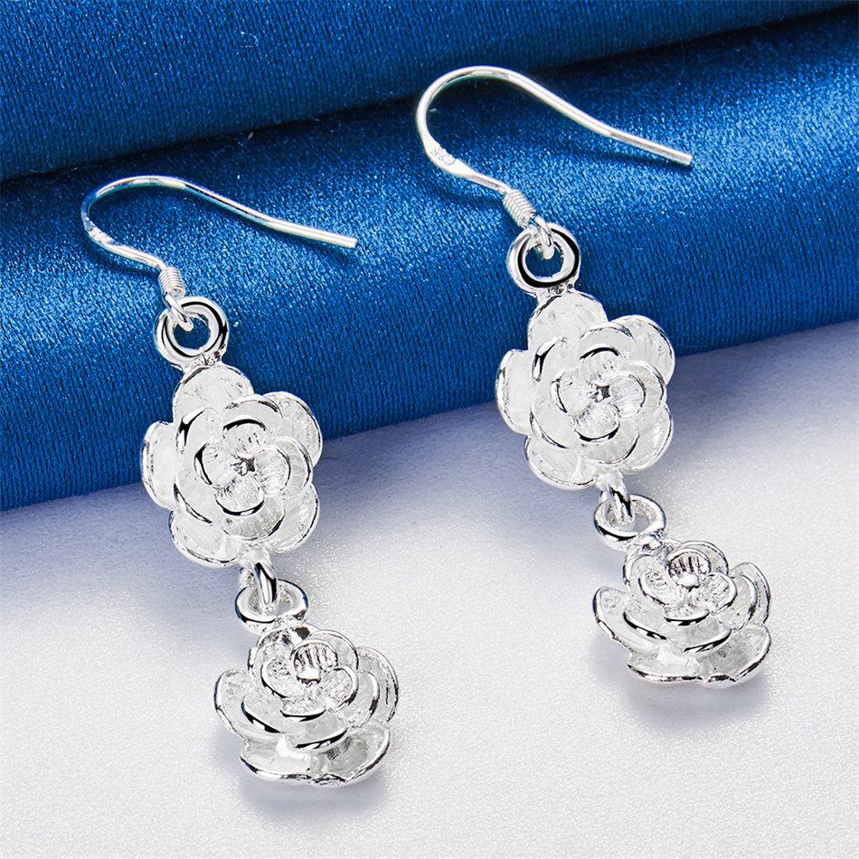 Luxurious 925 Sterling Silver Exquisite Double Rose Earrings for Women, Fashion Jewelry Gifts, Wedding Accessories