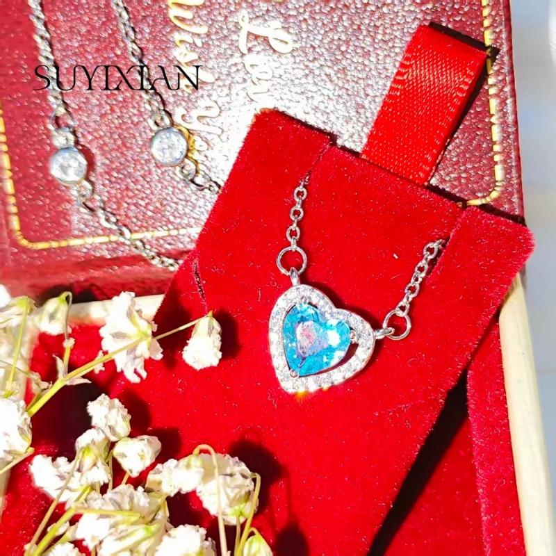 925 Sterling Silver Fashion Temperament Blue Love Zircon Necklace Birthday Party Anniversary Gift