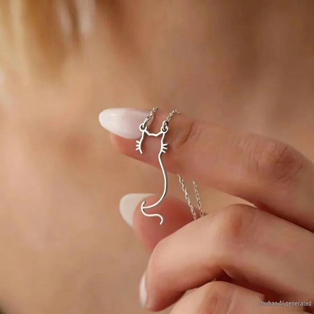 Creative Stainless Steel Cat Necklace: Cute Hollow Cat Pendant on Clavicle Chain Jewelry