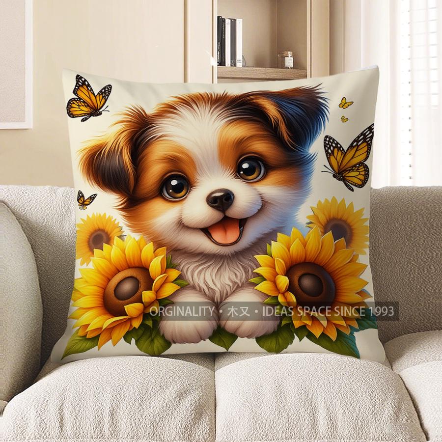 Home Decor Cute Puppy With Sunflowers And Butterflies Pillow Pattern Cushion Cover Suitable For Sofa Bedroom Car Pillow Cover 40x40cm