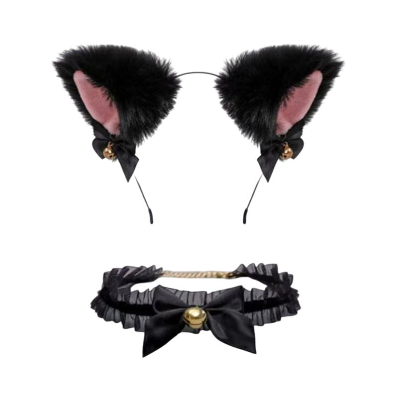 Fashionable Sweet Cute Cat Ear Bell Headband Black Kawaii Bow Collar Choker Bracelet Set - Wild Small Animal Theme Accessories