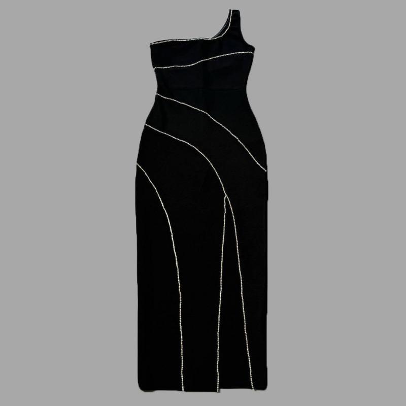 New One-shoulder Dress with Drill Chain Split Sexy Bandage Skirt Elegant Women's Clothing Party Evening Dress Outside