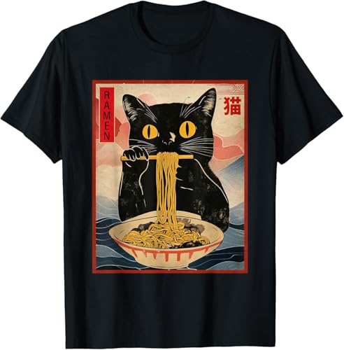 

Round Cute Cat Smoke Hot Lamian Noodles Cartoon Printed T-shirt Vintage Pure Cotton Personality Short Sleeve for Men and Women 4XL